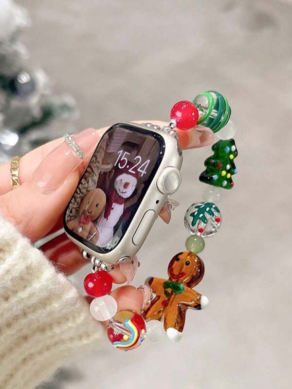 1pc Christmas Elastic Watch Band Compatible With Apple Watch 38/40/41/42/44/45/46/49mm, Christmas Tree & Gingerbread Beaded, Suitable For Apple Watch Ultra SE Series 1-10, Christmas Watch Band - Apple Smart Watch Replacement Strap (Band Only)