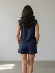 Simple Women's Set With Lightweight Faux Drawstring For Summer Vacation. - Navy Blue - View 2