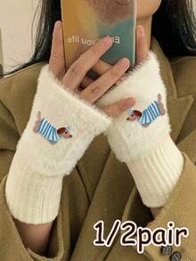 1/2 Pairs New Mink Fleece Half Finger Gloves For Women'S,With Cute Puppy Accessories,Soft Winter Warmth, Luxury Solid Color Plush Knitted Fingerless Gloves ,Warm Imitation Woolen Half Finger Gloves, Women'S Winter Plush Knitted Handguard, Wrist Leak Finger, Ladies Versatile Touch Screen Gloves,Office, Work, Outdoor Sports,Student Writing, Party Gifts,Christmas Gifts,Easter Gifts,Great Gift For Valentine'S Day - Multicolor - View 1