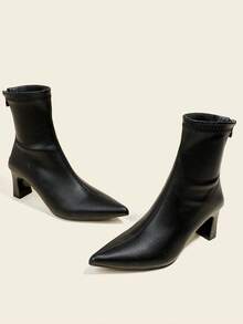 秋冬女士黑色踝靴，7厘米高跟，弹力修身靴，舒适时尚，粗跟尖头设计 - 黑色 - 查看 3