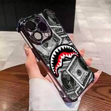 Shark Money Pattern Interesting Design Aesthetic Electroplated TPU Casing For Iphone 16 15 14 13 12 11 X XS PRO PLUS MAX Four Corners Anti-Fall Transparent Casual Soft Silicone Phone Cases Perfect Gift For Men L1390 - màu đen - Xem 1