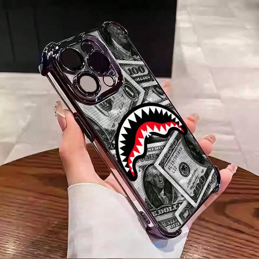 Shark Money Pattern Interesting Design Aesthetic Electroplated TPU Casing For Iphone 16 15 14 13 12 11 X XS PRO PLUS MAX Four Corners Anti-Fall Transparent Casual Soft Silicone Phone Cases Perfect Gift For Men L1390 - màu đen - Xem 1