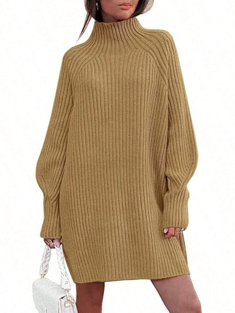 2026 Women's Casual Knit Dress Sweater Dresses For Women  Fall Fashion Mock Neck Long Lantern Sleeve Oversized Outfits Knit Tops Clothes ​ , Bodycon Long Sleeve ​ For Sports Outdoor Wear, Loose Fit Long Sleeve Comfy Daily Outfits For Women - 深杏色 - 查看 1
