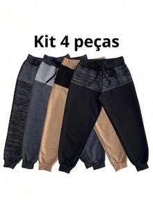 Set Of 4 Two-Tone Fleece Pants For Children, Unisex, Girls And Boys, For Winter - 灰色 - 查看 1