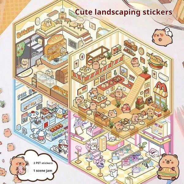 1 Stück Cartoon Landschaft Aufkleber, süßer 3D stereoskopischer kleiner Haus Stress Relief Landschaft Aufkleber, Geschenk für Scrapbooking