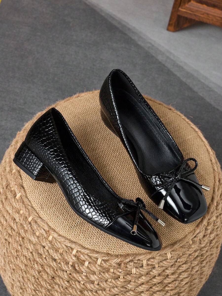 Women's Square Toe 3cm Heel Pumps, Suitable For Work, Commute, Dinner Party, Vintage Bow Accent, Navy Blue, Fashionable And Versatile Casual Slip-On Shoes - 黑色 - 查看 1