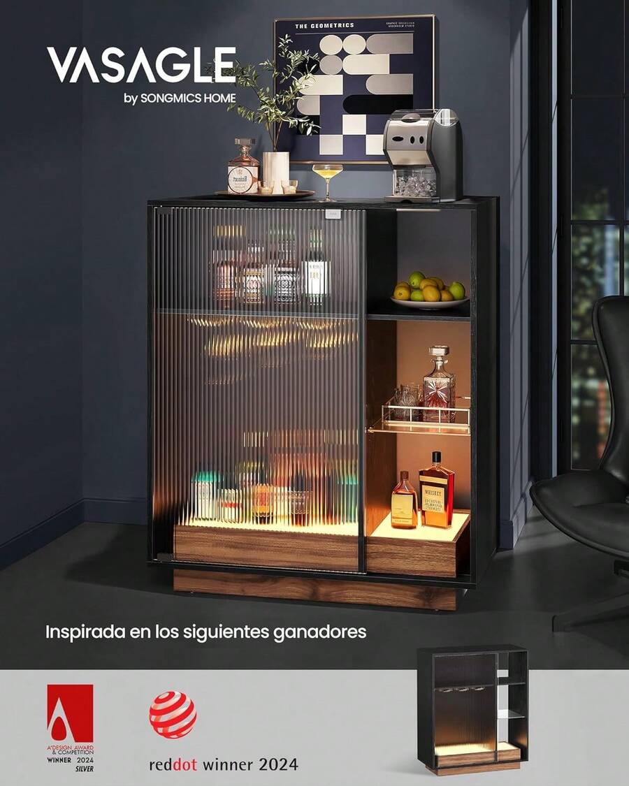 VASAGLE Aparador, Armario Bar Vino con Luces LED, con Almacenaje para Vino, Bar Café Licor, con Portavasos, Puerta de Vidrio Acanalado, para Sala de Estar, Negro Ébano - Negro - Ver 1