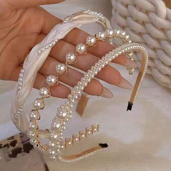 3pcs Faux Pearl Headband For Women, Elegant French Style Hair Hoop, 2025 New Elegant High Crown Outdoor Hair Clip Headdress ,Hairband For Women ,Diadema Hair Accessories