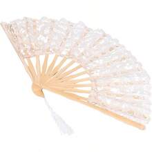 Abanico Plegable, Abanico de Mano de Encaje Vintage de  con Borla, Abanico Plegable de Mano de Estilo Retro para Decoración de Accesorios de Fiesta de Baile de Boda - beige - Ver 8
