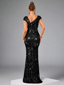 CHOSMO New Sequin Wedding Dress, Fitted High Waist Formal Gown, Elegant Backless Slit Dress Black Spring Party - Black - View 4