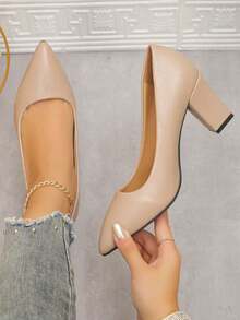 French Fashion Pointed Toe Thick Heel Office Pumps, Elegant Versatile Solid Color Formal Shoes For Interview, Commute, Wedding, Party - Apricot - View 7