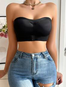 2pcs Front Clasp One-Shoulder Bandeau Bra, Upgraded Non-Slip Silicone Lining, Comfortable Wireless Thin Cup Lift & Enhance Bra For Women - Black - View 7