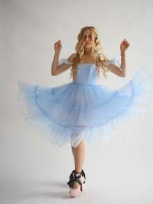 Womens Party Tutu Dress Stylish Solid Ruffled Trim Tie Back Sleeveless Tie-Shoulder Midi A-Line Dress - Sky Blue - View 5