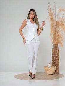 Elegant Plain Vest And Trousers Set C3302 - White - View 3