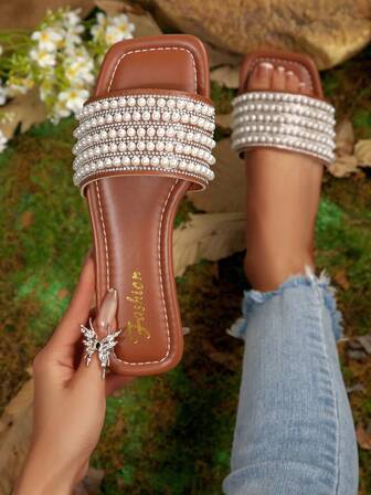 Sandalias tipo mula con aplicaciones de strass para mujeres, ligeras, antideslizantes, para uso casual en la playa, adecuadas para tallas grandes, con brillo, sandalias de moda para interiores/exteriores