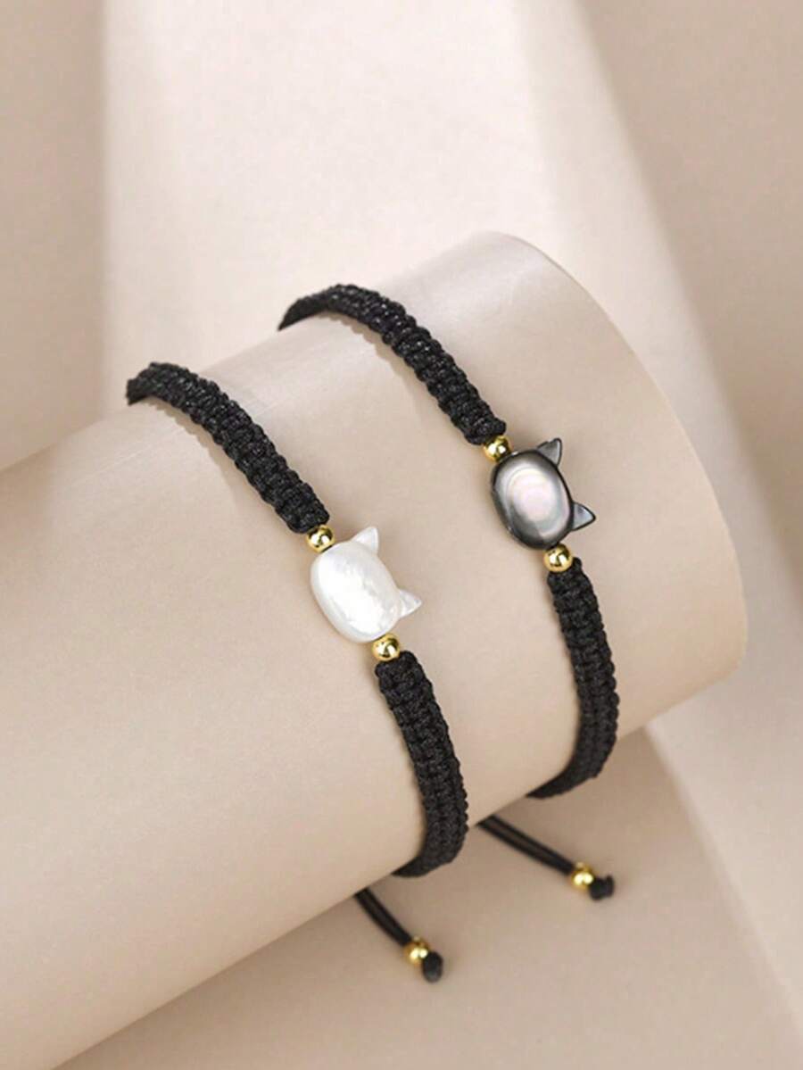 2pcs Cute Minimalist Stress Relief Bracelets, Handmade Black & White Cat Design Bracelets, Party Accessories - Black and White - View 1