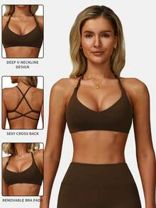 MFVIM Women's Brown Sports Bra, Criss-Cross Strap Backless Design Sexy Wireless Sports Bra, Supportive, Breathable, Soft And Stretchy Fabric, Suitable For Commuting, Outdoor, Running, Cycling, Yoga, Pilates, Gym Workout - Coffee Brown - View 5