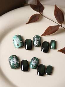 10pcs Acrylic Press On Nails Green Cat's Eye Black White Butterfly Short Nails Fake Nails Artificial Nails Kit Includes 1sheet Adhesive Tabs &1 Pc Mini File - Multicolor - View 1