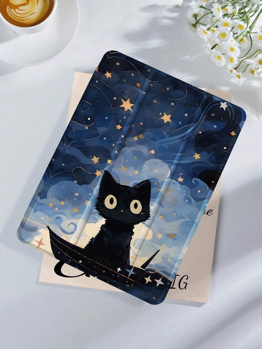 星空下的黑猫平板电脑保护套，兼容 iPad 9.7/10.2/10.5/10.9/12.9/Pro 11（第十代）、Galaxy Tab S6 Lite 10.4 英寸、Kindle Paperwhite 第十二代（2024 年款）、Kindle 第十一代（2022 年款），提供轻柔的防震保护，支持智能支架/自动唤醒/睡眠功能