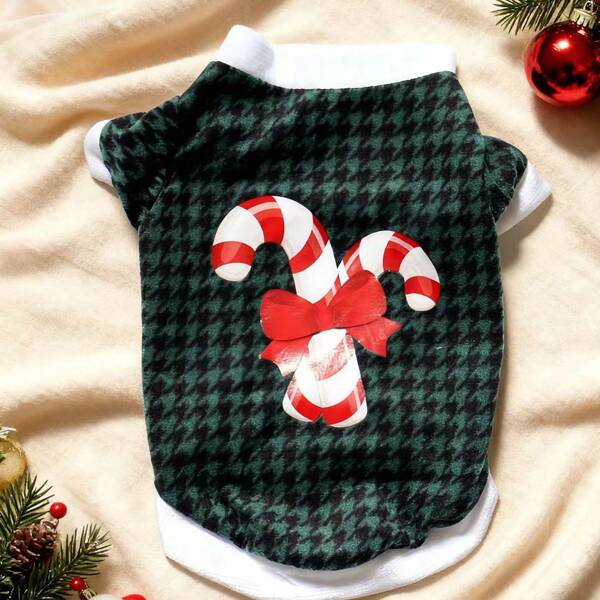 1 قطعة ملابس عيد الميلاد للكلاب والقطط الصغيرة، كنزة صوفية من الفليس والشيربا بطبعة قصب السكر، ملابس علوية أليف للأعياد للجراء والسلالات الصغيرة. ملابس عيد الميلاد للكلاب والقطط. إكسسوار عيد الميلاد للحيوانات الأليفة