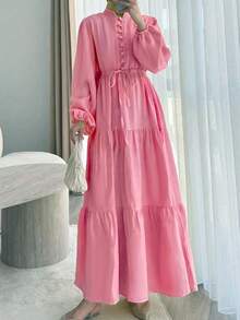 Vestido de mujer de manga farol con dobladillo de retazos, elegante, de unicolor, con botón en la cintura y nudo, para uso casual, fiesta de cumpleaños, evento formal, cita, otoño/invierno