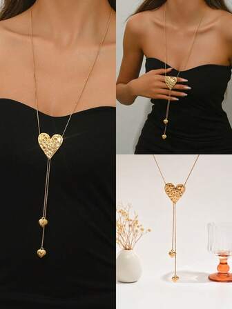 1pc Fashionable Minimalist Gold Heart, Starfish, Bow Knot, Glass Rhinestone Tassel, Rhinestone Tassel, Faux Pearl Inlaid Gemstone Chain Necklace, Rose Pattern Heart Pendant, Copper Snake Bone Chain Clasp, Women's Minimalist Y-Shaped Long Necklace, Suitable For Women's Vacation, Party Wear