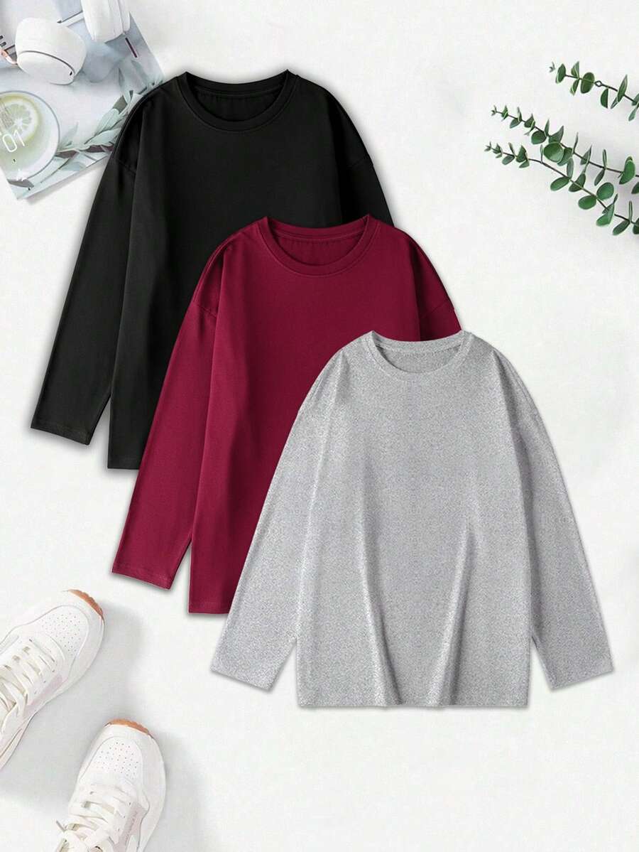3pcs Women's Solid Color Knit Crew Neck Long Sleeve T-Shirt Set, Winter - Multicolor - View 1