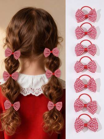 5pcs/10pcs Girls Red & White Plaid Bow Hair Scrunchies Set, Suitable For Daily Decoration