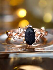 Tsnamer 1枚星空六边形切割立方氧化锆订婚戒指，复古黑金簇镶戒指，女士黄金首饰，生日礼物 - 戒指 - 查看 7