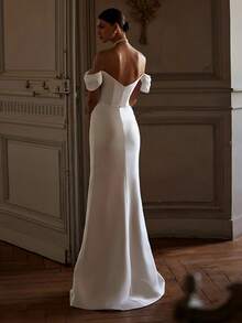 Elegant Sexy Off Shoulder High Slit Mermaid Satin Wedding Dress Registry Office Dresses Bridal Fashion,Evening Party Dress Birthday Party Dress,Romantic Church Ceremony Wedding Dress,Suitable For Wedding,Dating,Party,Singles' Party,Vacation,Formal Occasions,Dinner Dress,Prom Dress,Homecoming Dress,Cocktail Party,Wedding Guest Dress,Graduation - 白色 - 查看 4