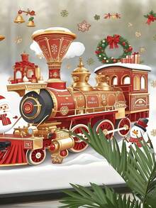 1pc Christmas Train Santa Snowman Snowflake Wreath Window Decoration - Self-Adhesive PVC Glass Sticker, Double-Sided Matte Finish, Irregular Shape, Classic Style For Living Room & Bedroom Door/Window Decor, Christmas Window Decorations