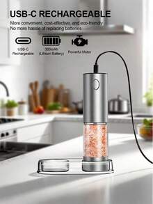 2-Piece Electric Salt Pepper Grinder Set, USB Charging, LED Light One Hand Automatic Operation, Adjustable Thickness Grinding Vibrating Screen,Stainless Steel Housing, Kitchen Gadget Gift Ideas - Silver - View 8
