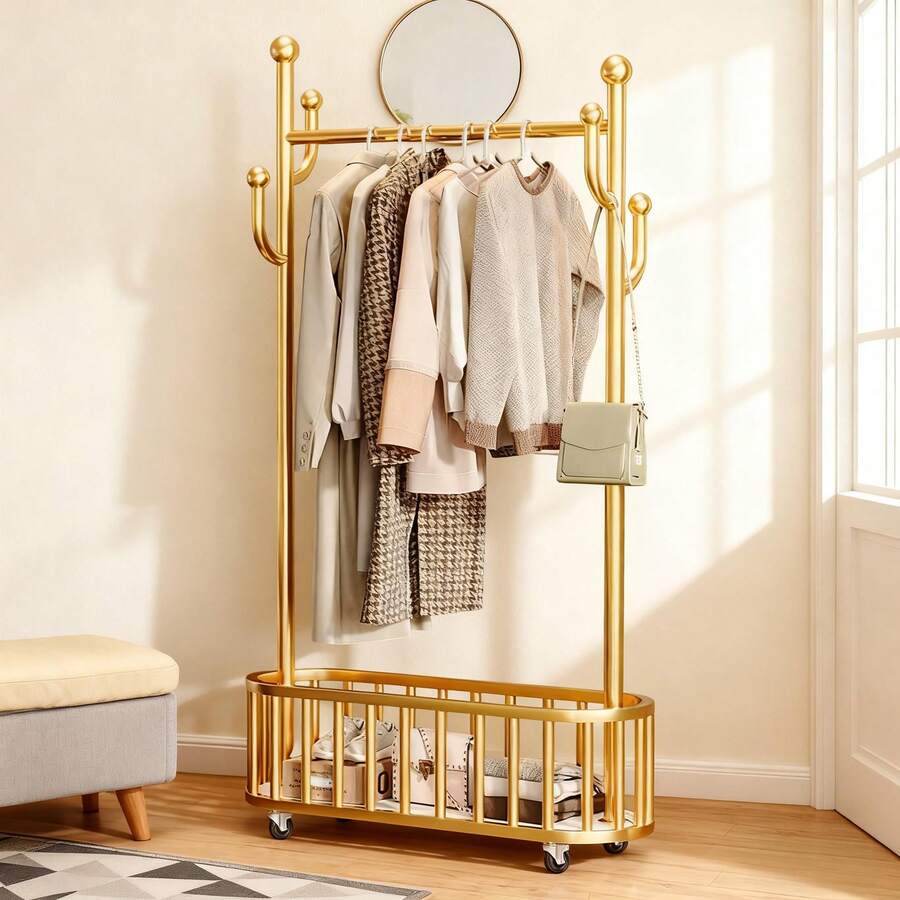 Rolling Clothes Rack For The Bedroom, Metal Clothes Rail With Storage Basket And Wheels, Freestanding Clothes Rack For Wardrobe, Laundry Room Or Shop, 175 X 80/100 X 32 Cm, White/Black/Gold - 金色 - 查看 1