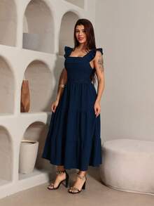 Luxury Midi Dress, Duna Brand, Plain With Ruffled Sleeves And Lace At The Waist. - 藏蓝色 - 查看 2