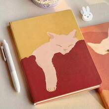 Cute Lazy Cat Design A5 Notebook – Yellow Peach-Skin Cover With White Cat Illustration, Lined Diary For Study, Office & Travel, Ideal As Christmas/Birthday Gift