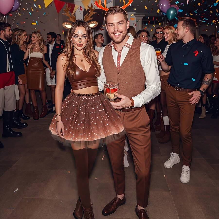 5pcs Carnival Deer Costume Set, Including Deer Antler & Ear Headband, Ballet Tutu Skirt, Socks, And Deer Face Stickers, Suitable For Women's Costume Party - Multicolor - View 1