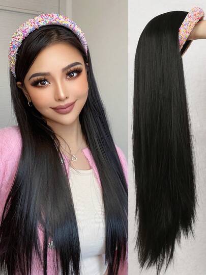 26-Inch Women's Chic Colored Icing Headband (Gray Glitter Headband) Wig - Easy To Wear, Long Straight Synthetic Hair, Party Ready, Halloween, DIY Daily Wear, Adjustable, Occasion Wig | Smooth Straight Hair | Synthetic Hair Wig, Wig Accessories (Wig Color: Black, Light Brown Optional)