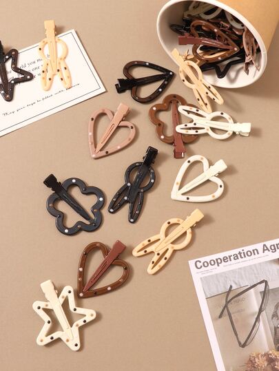 5/10/20pcs Cartoon Star & Rabbit Design Hair Clips For Women, Polka Dot Pattern, Coffee Color, Cute & Elegant Princess Duck Clip Hair Accessories