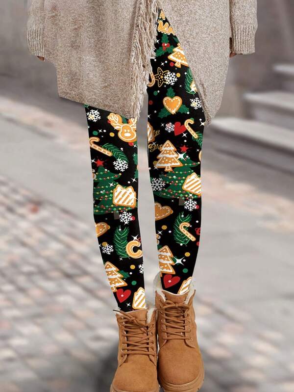 1 pieza Leggings de mujer con estampado de renos navideños, mallas de tela elástica, pantalones de yoga de alta elasticidad y elegante forma, pantalones capri para entrenamiento, adecuados para gimnasio, exterior, otoño/invierno