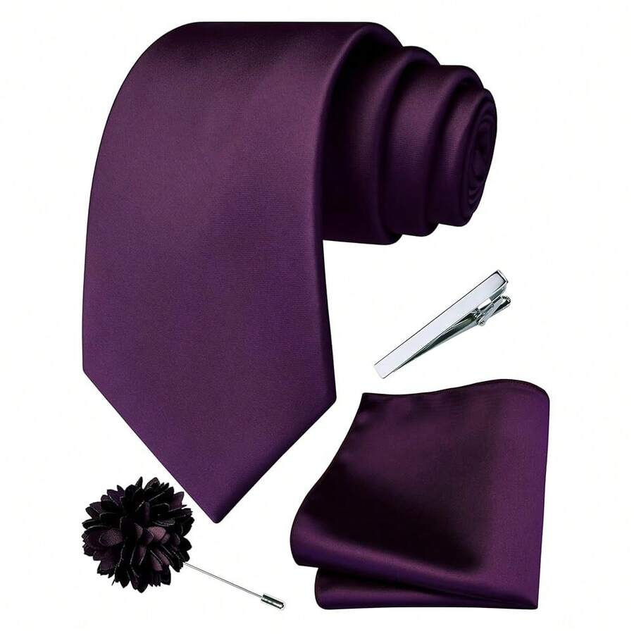 Branduce 3.15inch(8cm) Mens Tie And Lapel Pin Solid Necktie Handkerchief Tie Clip Set For Men{Inchcolor_nameinch:InchDarkPurpleinch} - 深紫色 - 查看 1