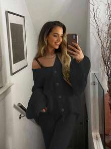 女士休闲可爱开衫针织衫上衣针织裤套装家居居家服舒适时尚秋冬外出穿搭 - 黑色 - 查看 4