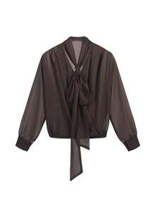 新款雪纺系带V领衬衫，纯色，显瘦，适合办公室和日常穿着，春秋季 - 咖啡棕 - 查看 10