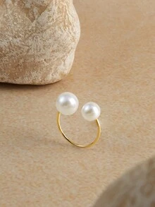 Opalesca 1入簡約珍珠開放式戒指，金色可調節流行戒指，適合女性的日常/派對/假日裝扮，送禮給朋友和女友的好點子 - 彩色 - 查看 1