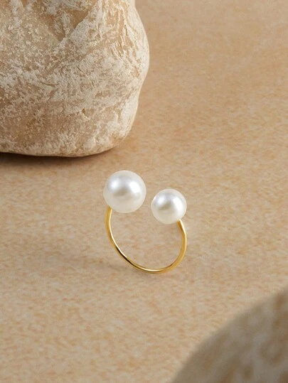 Opalesca 1入簡約珍珠開放式戒指，金色可調節流行戒指，適合女性的日常/派對/假日裝扮，送禮給朋友和女友的好點子