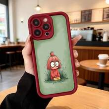 Cubierta de teléfono con borde negro y diseño de dibujos animados para iPhone 14 Pro Max en color verde claro con estampado de niña con cabello rojo y manzana en la cabeza ideal para uso diario en cafeterías y espacios urbanos Aplicable a los teléfonos de la serie Apple y Galaxy - Burdeos - Ver 7
