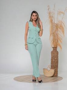 Elegant Plain Vest And Trousers Set C3302 - 薄荷綠 - 查看 3