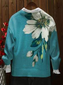 Cárdigan con estampado floral 3D - Diseño con patrón de flores, cierre con botones, suéter ligero, adecuado para todas las estaciones, chaqueta casual holgada, silueta estructurada para vacaciones - Azul - Ver 2