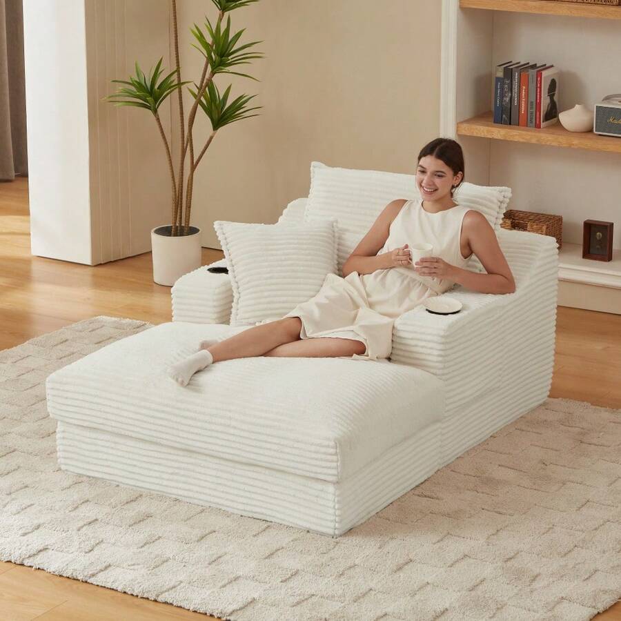 67.7" Oversized Chaise Lounge Sofa Chair Indoor, Modern Corduroy Single Sleeper Couch Chair With 3 Soft Pillows&Cup Holder, Boneless Cloud Couch Single Seat Sofa Bed For Living Room Office (White) - 白色+泡棉+彈簧+1個座位 - 查看 1