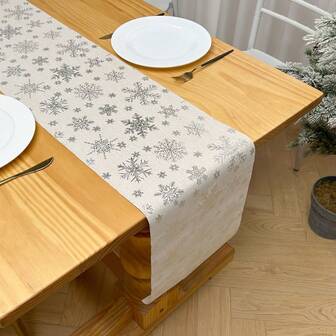 1pc Gold Foil Deer & Snowflake Printed Cotton Blend 270cm*28cm Rectangular Table Runner, Holiday & Party Decor