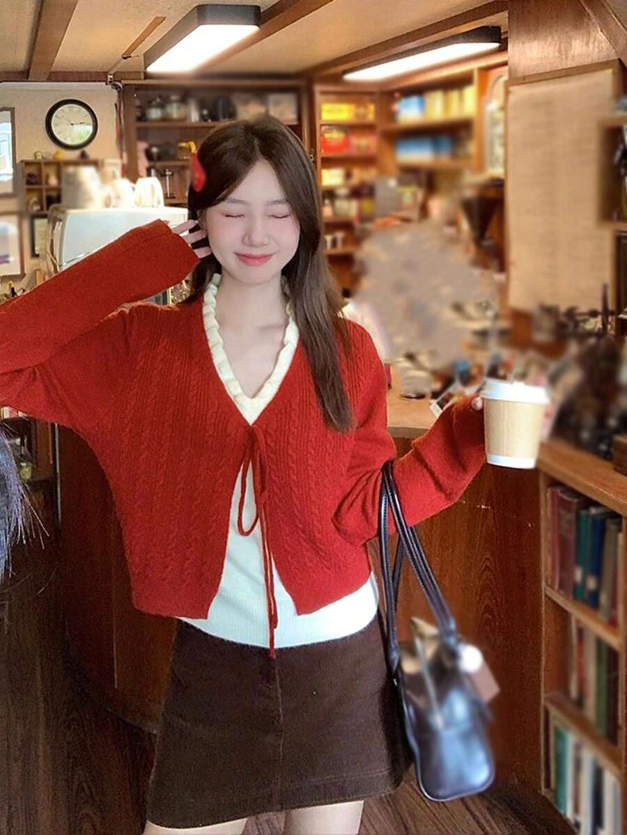 拼接荷叶边V领毛衣女式系结宽松柔软加厚短款开衫